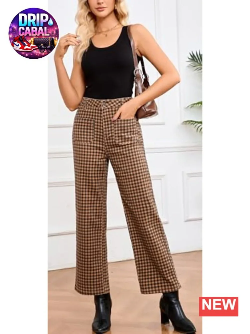 Women's High Waist Wide Leg Plaid Pants Cropped Straight Leg with Pockets